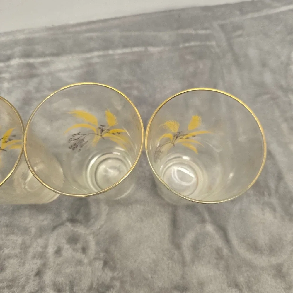 Vintage Golden Wheat Glass Tumblers Set of 4 Gold Rim Mid Century Farmhouse